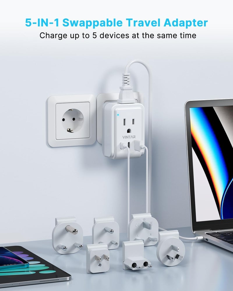 VINTAR Universal Travel Adapter Kit, 3ft Detachable Extension Cord with 2 AC Outlets & 3 USB(2 USB C), Type A/C/G/D/I/M International Power Adaptor for US to Europe UK India South Africa Japan - Image 3